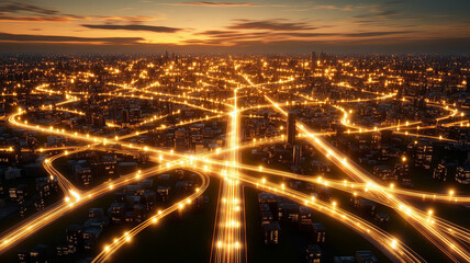 Aerial view smart city glowing lights futuristic urban landscape night skyline sunset