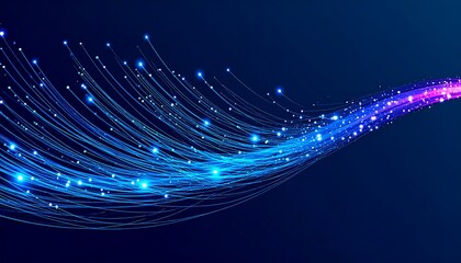 Abstract Digital Stream of Light Particles on a Dark Blue Background