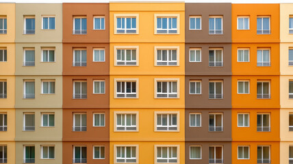 Fototapeta premium Colorful apartment building facade with modern windows, geometric pattern, and urban residential