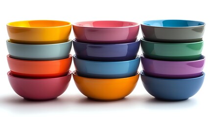 Colorful ceramic bowls stacked in rows showing vibrant mix of orange, pink, blue, green and purple hues against white background, modern minimalist tableware.