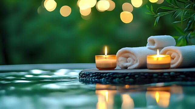 Tranquil spa setting with glowing candles and rolled white towels on stone surface near water, soft bokeh lights and greenery create serene atmosphere.
