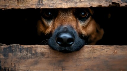 Dog peeking through wooden fence gap showing expressive eyes and nose in dramatic close up composition, dark moody atmosphere for animal photography.