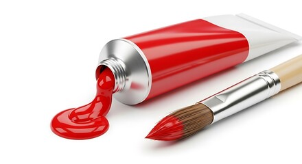 A red paint tube with paint squeezing out next to a paintbrush isolated on white background