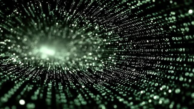Green Tunnel of Binary Code Stream, Glowing Light, Digital Data Flowing on Dark Background