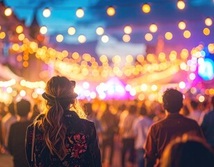 Fototapeta premium Crowd at evening festival with bokeh lights, girl in floral jacket in focus