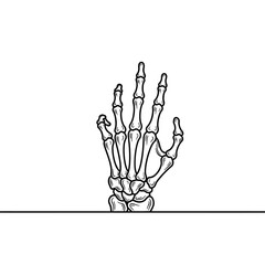 A minimalist black and white line drawing of a human skeleton hand emerging from a horizontal line.