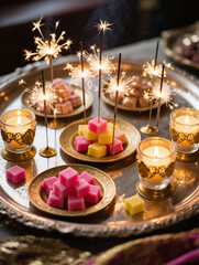 Diwali Flatlay Advertisement Decorative Tray Sparklers Brass Plates Sweets Decorative Candles Warm Ambient Lighting Cozy Joyful Evening Atmosphere