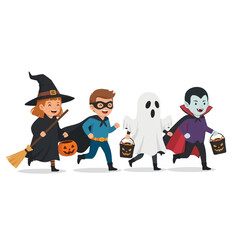 Cute cartoon children in witch, superhero, ghost, and vampire costumes trick-or-treating for Halloween.