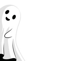 A cute, smiling ghost peeking from the left side of a white background.