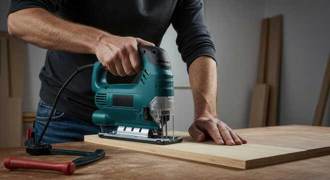Man using jigsaw to cut wood on workbench in workshop  