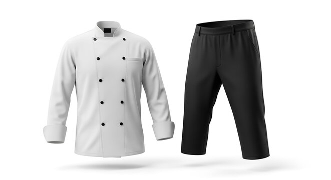 Professional white chef jacket and black chef pants isolated on white background