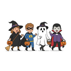 Four children in Halloween costumes trick-or-treating, dressed as a witch, superhero, ghost, and vampire, holding pumpkin buckets.