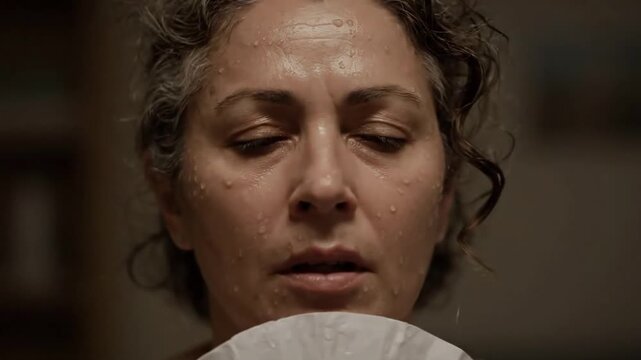 Woman with closed eyes fanning herself with a white cloth indoors