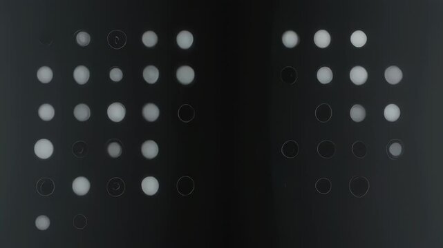 Symmetrical arrangement featuring white spheres in a grid pattern set on a dark background