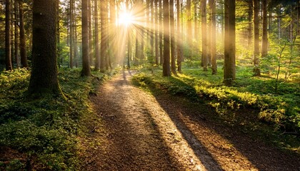 Obraz premium Sunlit Forest Path With Golden Rays