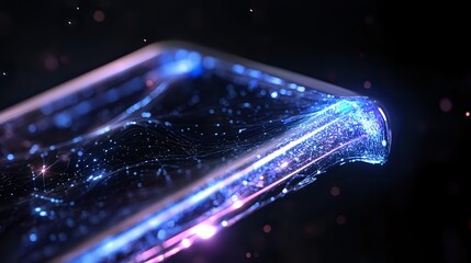 Glowing digital network connections forming futuristic fiber optic cable shape with blue light trails and particles on dark background, technology concept.