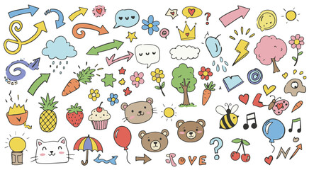 Playful doodle pattern with cute animals, food, and icons ideal for kids' designs, creative projects, and whimsical backgrounds that sparks joy and imagination