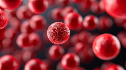 A dynamic close-up of red spherical structures against a dark background, suggesting a focus on biology or molecular science.