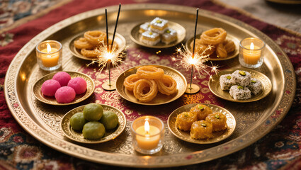 Naklejka premium Diwali Flatlay Advertisement Decorative Tray Sparklers Brass Plates Sweets Decorative Candles Warm Ambient Lighting Cozy Joyful Evening Atmosphere