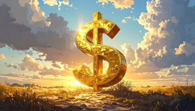 Golden dollar sign against a vibrant sunset