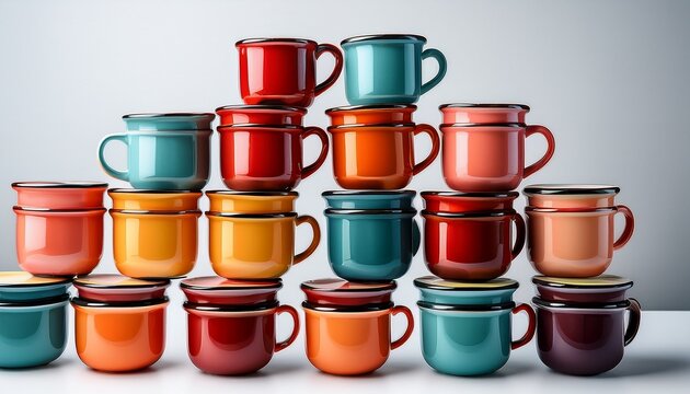 Vibrant Enamelware Coffee Cups Stacked High Clean White Background