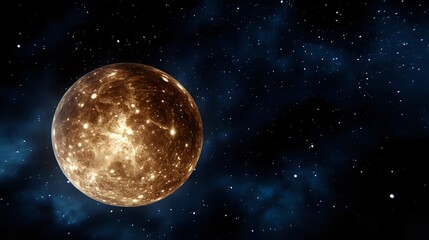 Fototapeta premium Glowing brown planet with detailed surface features against dark space background with bright stars and blue nebula clouds, cosmic astronomy scene.