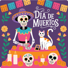 Colorful Dia de Muertos skeleton woman illustration with candles, marigold flowers, sombrero hat, and altar decoration on purple background
