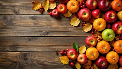 Autumn harvest scene of apples, pumpkins, leaves, and berries on a rustic wooden background