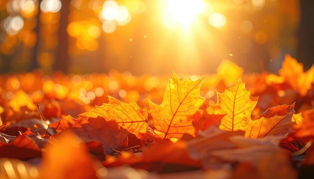 Golden autumn leaves illuminated by the setting sun. Blurry background