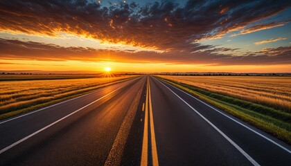 Naklejka premium Highway stretching towards a vibrant, golden sunset. Fields flank the road, clouds ablaze