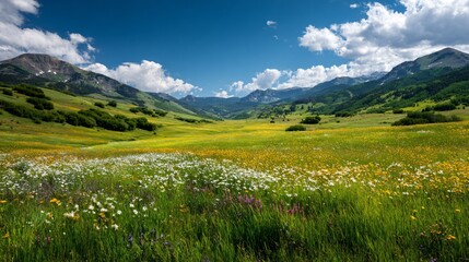 Fototapeta premium Mountain landscape with green meadow and blue sky with clouds on a sunny day.