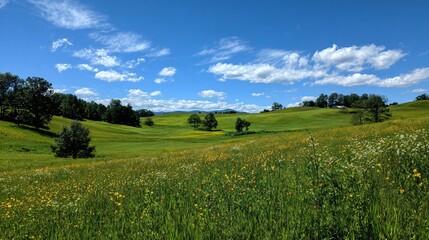 Fototapeta premium Green field with trees under a blue sky with white clouds on a sunny day.