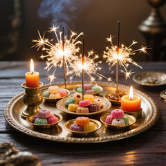 Diwali Flatlay Advertisement Decorative Tray Sparklers Brass Plates Sweets Decorative Candles Warm Ambient Lighting Cozy Joyful Evening Atmosphere