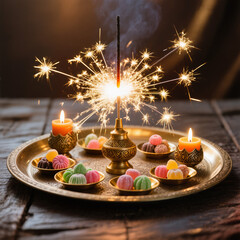 Diwali Flatlay Advertisement Decorative Tray Sparklers Brass Plates Sweets Decorative Candles Warm Ambient Lighting Cozy Joyful Evening Atmosphere