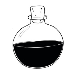 Hand-drawn round glass bottle with cork stopper vector illustration. Vintage flask with dark liquid, potion, or ink. Black and white sketch for alchemy, magic, apothecary, or laboratory design.