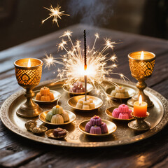Diwali Flatlay Advertisement Decorative Tray Sparklers Brass Plates Sweets Decorative Candles Warm Ambient Lighting Cozy Joyful Evening Atmosphere