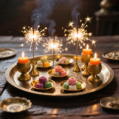 Diwali Flatlay Advertisement Decorative Tray Sparklers Brass Plates Sweets Decorative Candles Warm Ambient Lighting Cozy Joyful Evening Atmosphere