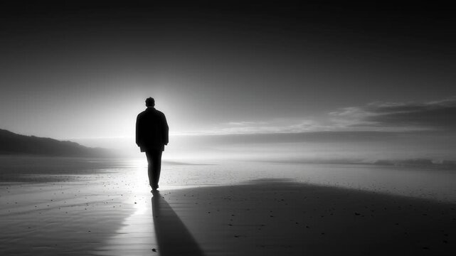 A silhouette of a man walking on a beach at sunset.