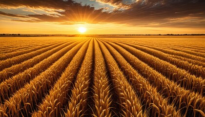 Golden wheat field bathed in warm sunlight, lines converging towards sunset