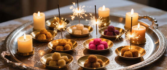 Diwali Flatlay Advertisement Decorative Tray Sparklers Brass Plates Sweets Decorative Candles Warm Ambient Lighting Cozy Joyful Evening Atmosphere