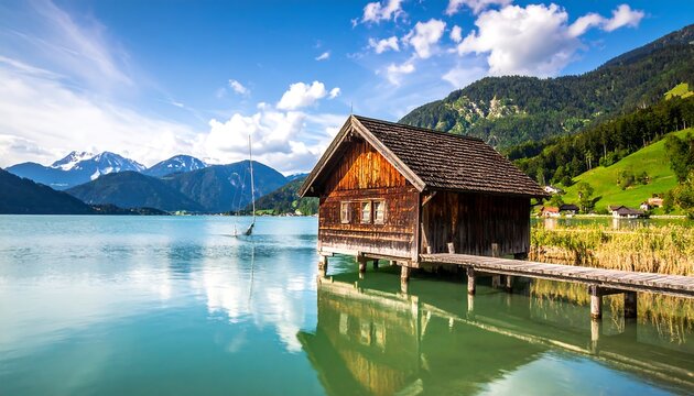 Tranquil scene of wooden boathouse over a serene lake