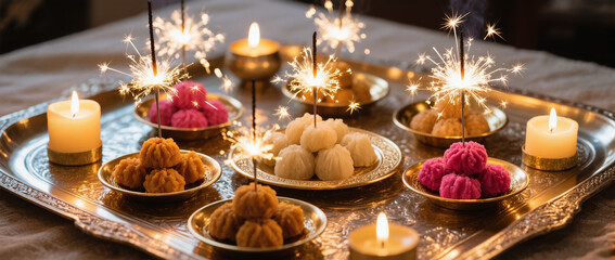Diwali Flatlay Advertisement Decorative Tray Sparklers Brass Plates Sweets Decorative Candles Warm Ambient Lighting Cozy Joyful Evening Atmosphere