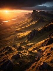 Golden sunset bathes rugged mountains and valleys in warmth