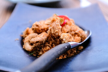 Close-up of fried soft shell crab. Chinese cuisine. Food and beverage concept.