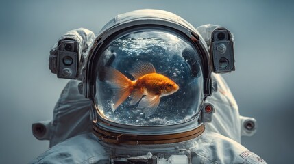 Fototapeta premium Astronaut helmet with goldfish conceptual science fiction imagery