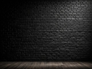 Dark room, black brick wall, wooden floor. Shadows and lighting create contrast