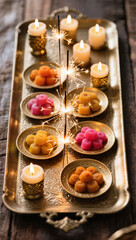 Diwali Flatlay Advertisement Decorative Tray Sparklers Brass Plates Sweets Decorative Candles Warm Ambient Lighting Cozy Joyful Evening Atmosphere