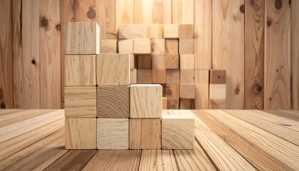 Wooden blocks forming steps on a wooden surface, against a wall of more blocks