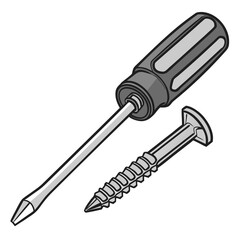 A simple illustration of a phillips head screwdriver and a wood screw on a white background
