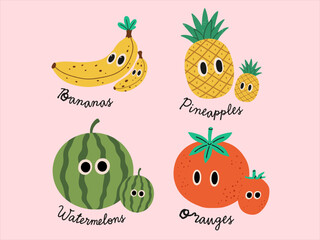 Cute tropical fruits with eyes. Funny bananas, pineapples, watermelons and oranges. Big and small characters. Hand drawn colorful vector illustration. Healthy, natural food concept. İsolated designs